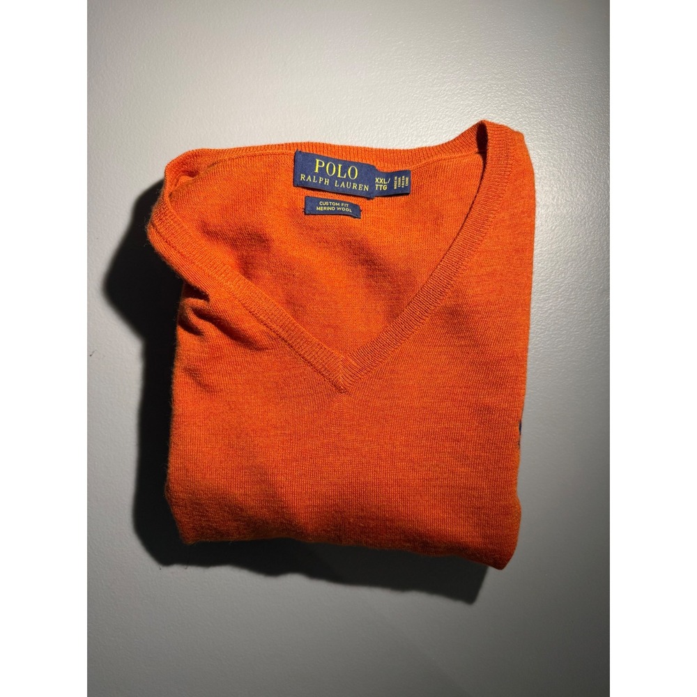 Polo Ralph Lauren Mens XXL Orange Merino Wool V-Neck Sweater Custom Fit